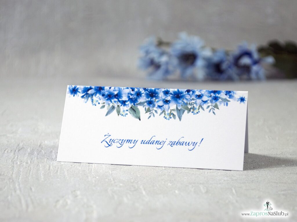 Winietki na stół z niebieskimi kwiatami, niebieskie-min