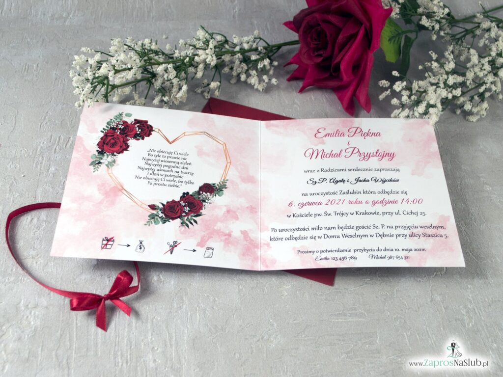 Zaproszenia na ślub z czerwonymi różami i sercem, geometryczne ZAP-41-09
