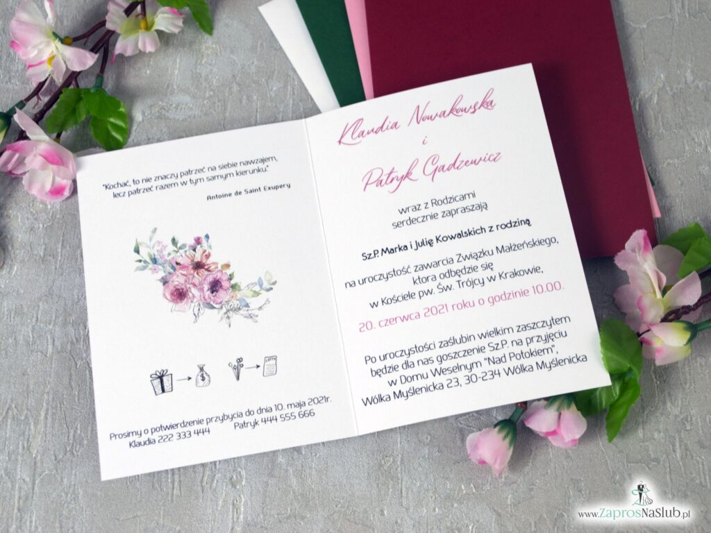 Zaproszenia na ślub z modnymi kwiatami w odcieniach różu, efekt lustra ZAP-129
