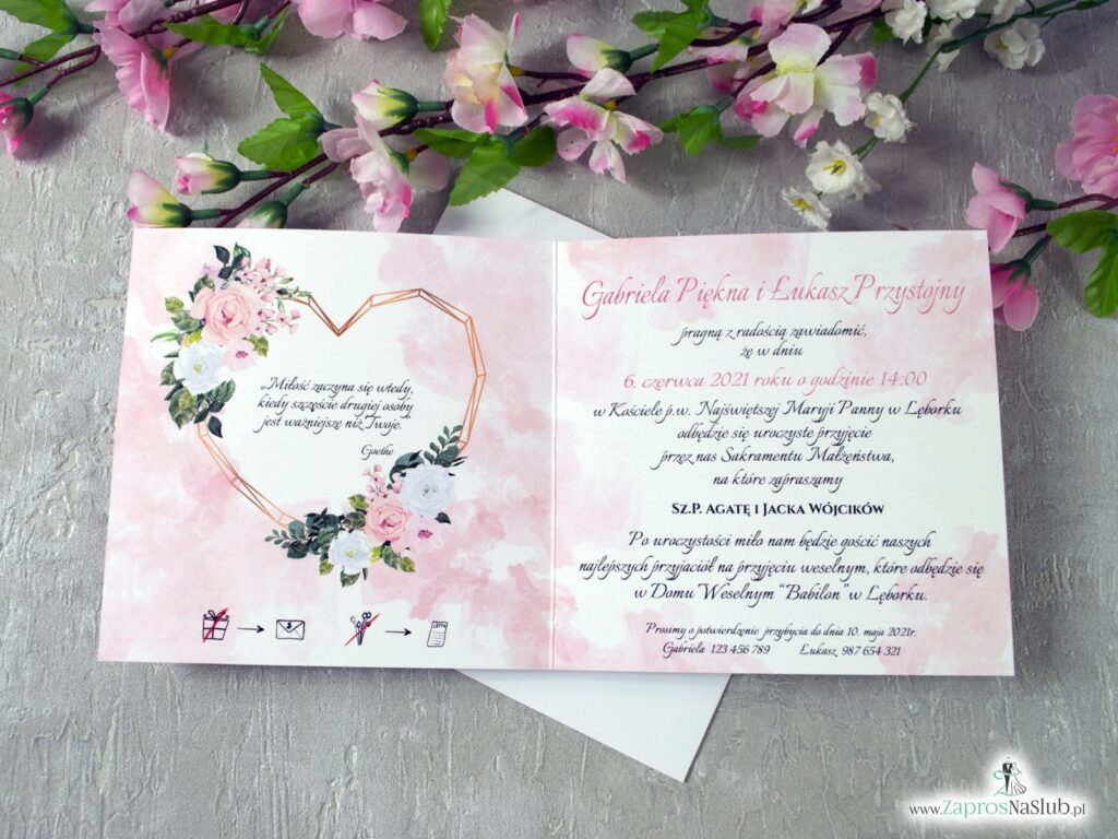 Zaproszenia na ślub z różowymi i białymi różami oraz geometrycznym sercem ZAP-41-12-min
