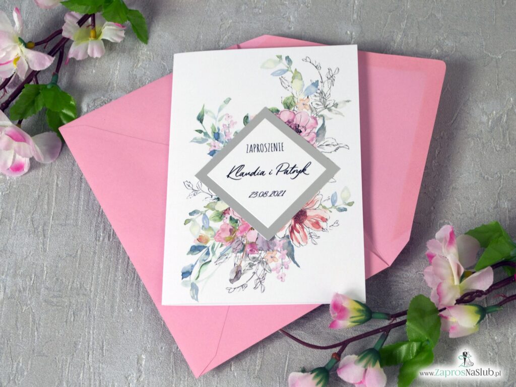 Zaproszenia na ślub z różowymi kwiatami i srebrnym rombem z efektem lustra ZAP-129
