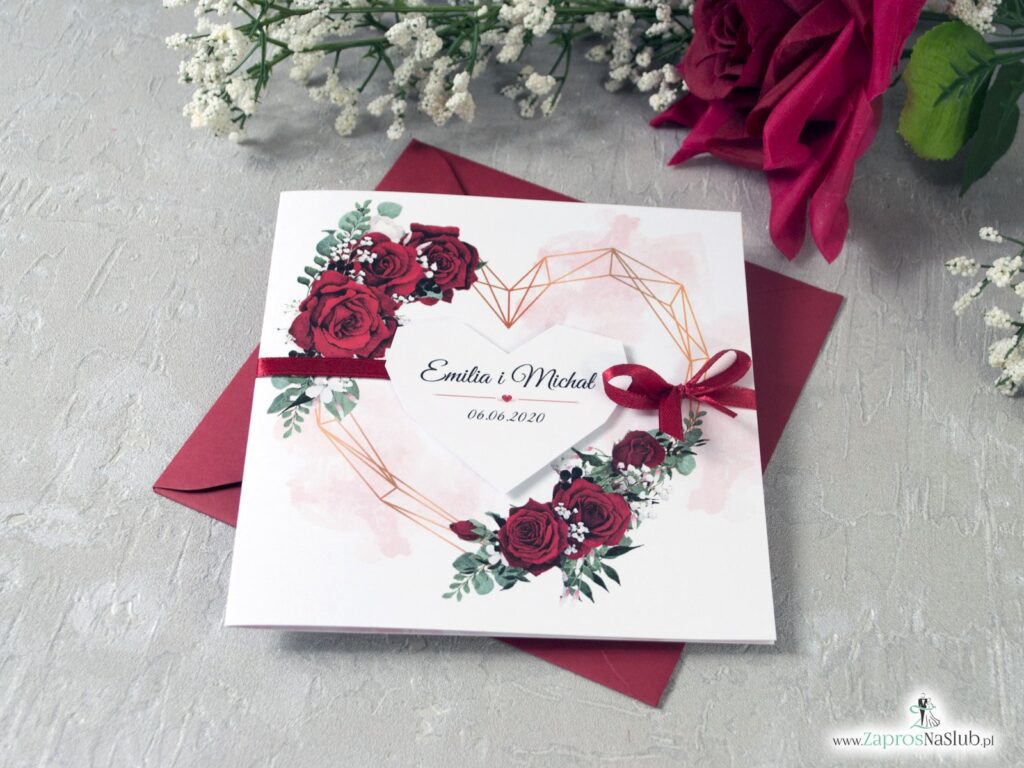 Zaproszenia na ślub z czerwonymi różami i geometrycznym sercem oraz wstążką ZAP-41-09