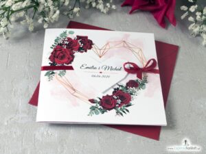 Eleganckie zaproszenia ślubne z czerwonymi różami i geometrycznym sercem. ZAP-41-09