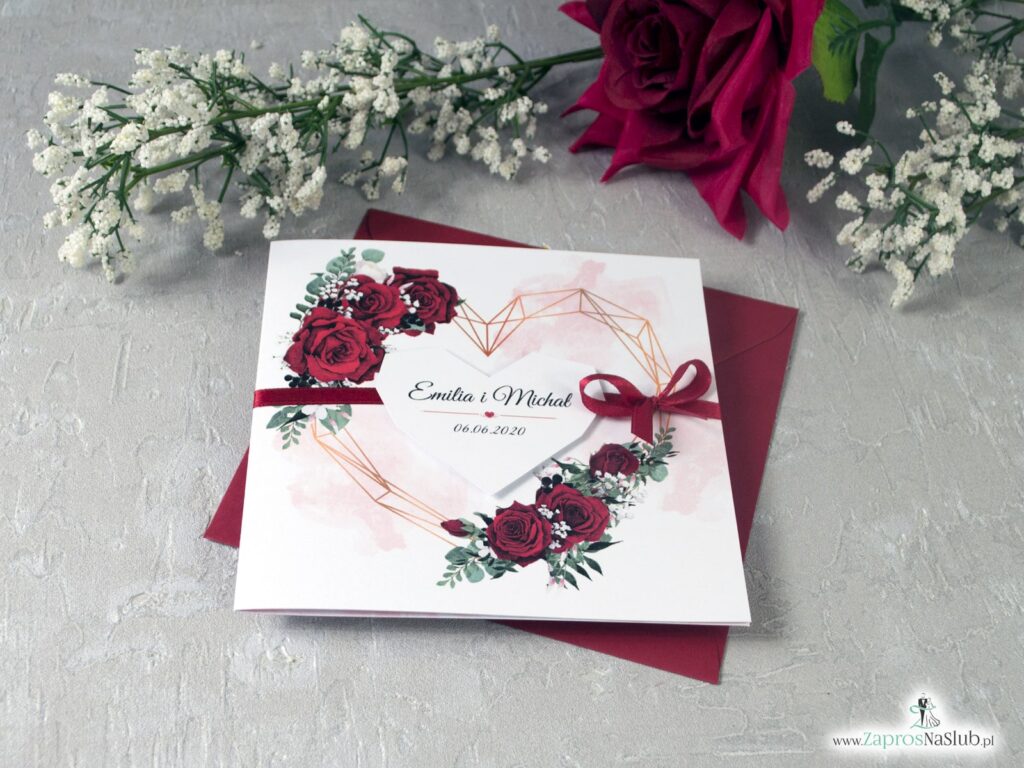 Zaproszenia ślubne z czerwonymi różami i geometrycznym sercem. ZAP-41-09