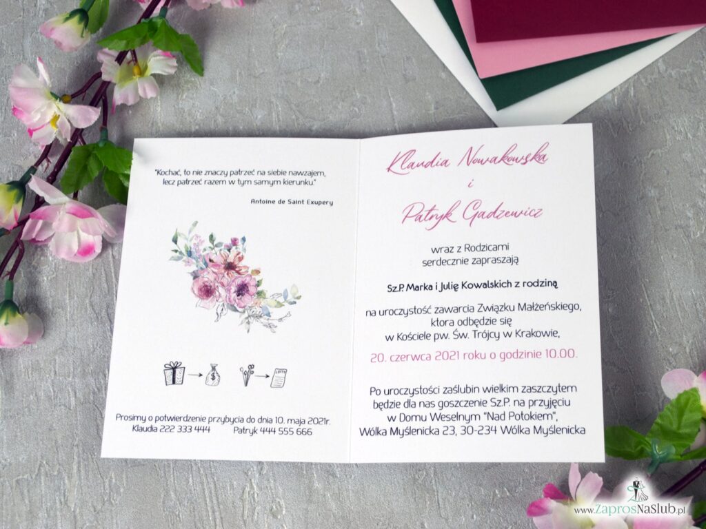 Zaproszenia ślubne z kwiatami różowymi, eleganckie, efekt lustra ZAP-129