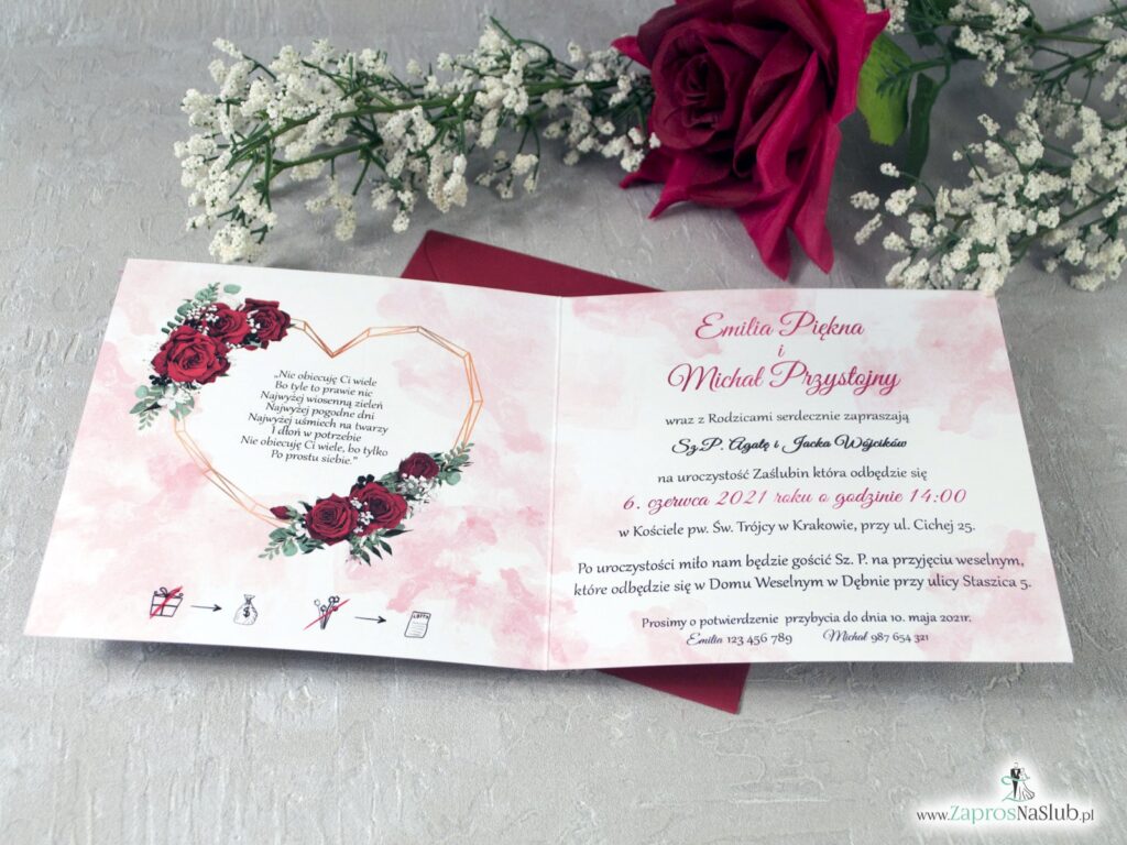 Zaproszenia ślubne z kwiatami róży oraz geometrycznym sercem ZAP-41-09