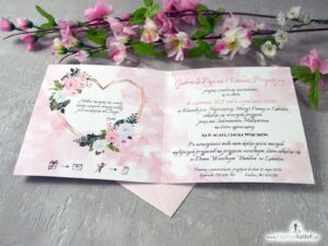 Zaproszenia ślubne z kwiatami w delikatnych odcieniach różu i bieli oraz geometrycznym sercem. ZAP-41-12