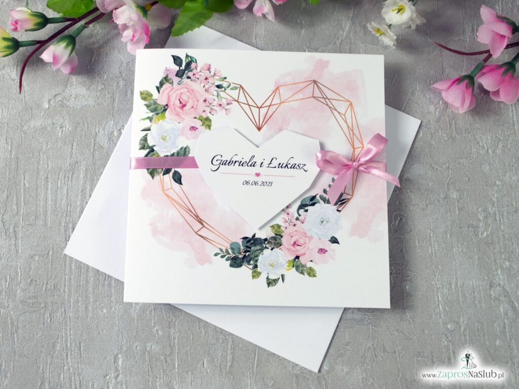 Zaproszenia ślubne z delikatnymi kwiatami w odcieniach różu i bieli, serce geometryczne ZAP-41-12-min
