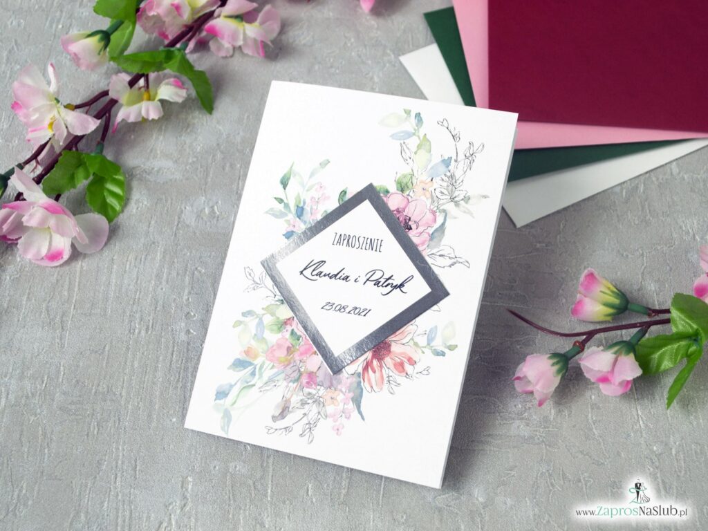 Zaproszenie ślubne z różowymi kwiatami, konturami i motywem z efektem lustra ZAP-129