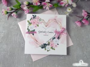 Zaproszenie ślubne kwiatowe z różowymi i białymi różami. Serce geometryczne ZAP-41-12-min