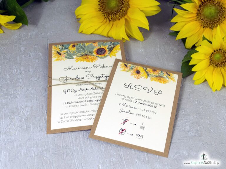 Zaproszenie ślubne ze słonecznikami w stylu rustykalnym na papierze eko. ZAP-133-1