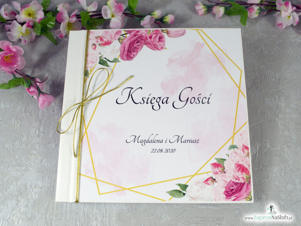 Księga gości z różowymi kwiatami i złotymi liniami KSG-132