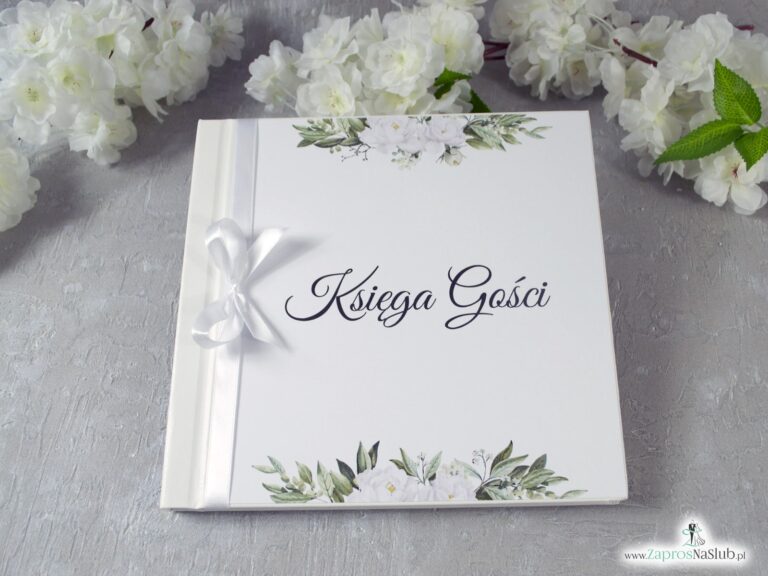 Księga gości z białymi kwiatami i zielonymi liśćmi. KSG-127 - ZaprosNaSlub