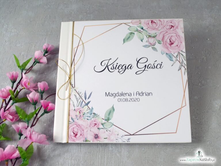 Księga gości z delikatnymi różowymi kwiatami i geometrycznymi liniami. KSG-132