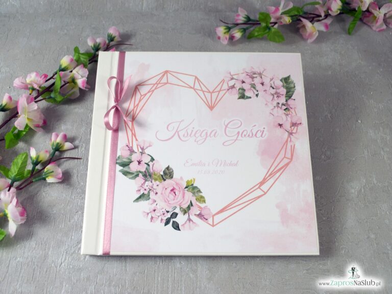 Księga gości z różowymi kwiatami i geometrycznym sercem. KSG-41-23 - ZaprosNaSlub