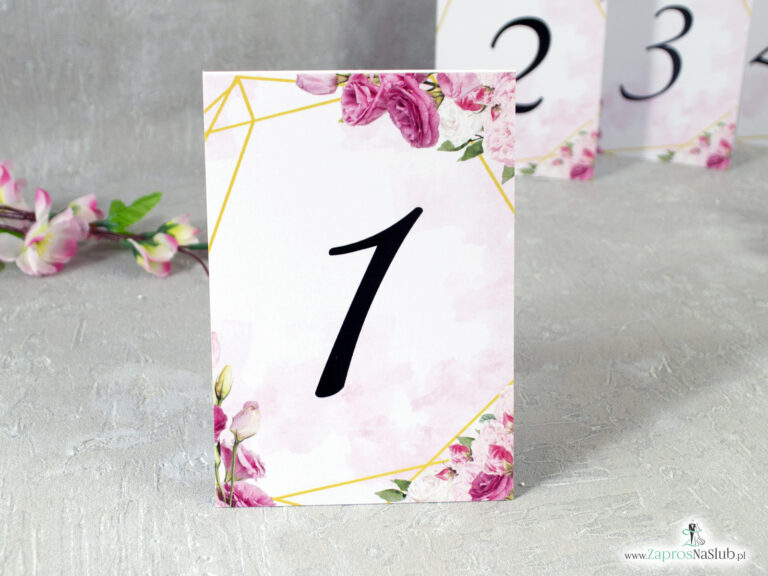 Numer stołu z różowymi kwiatami i złotymi liniami. NNS-131 - ZaprosNaSlub