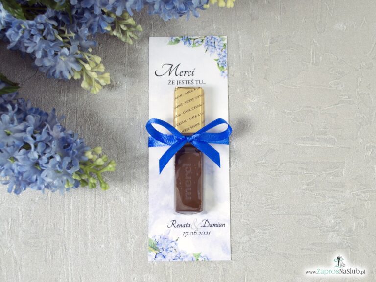 Podziękowanie dla gości weselnych Merci - podkładka z niebieskimi kwiatami hortensji. MER-41-11