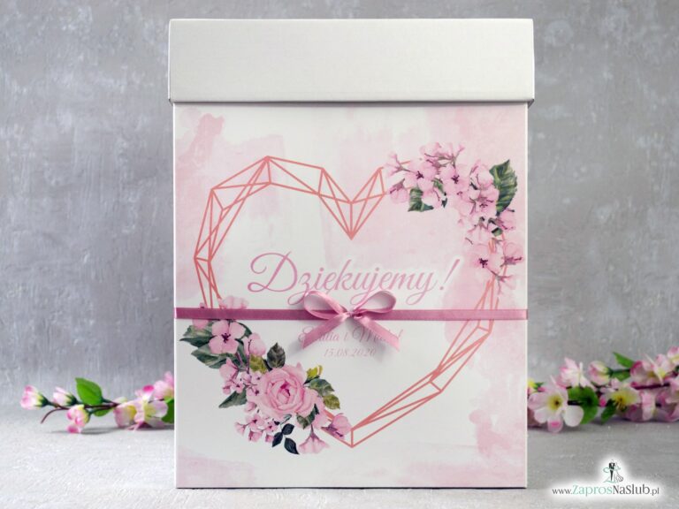 Pudełko na koperty z różowymi kwiatami i geometrycznym sercem. PNK-41-23