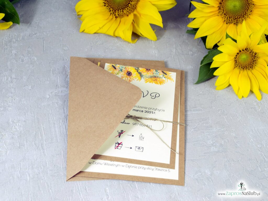 Słoneczniki zaproszenia ślubne na papierze eko ze sznurkiem jutowym, rustykalne ZAP-133-1