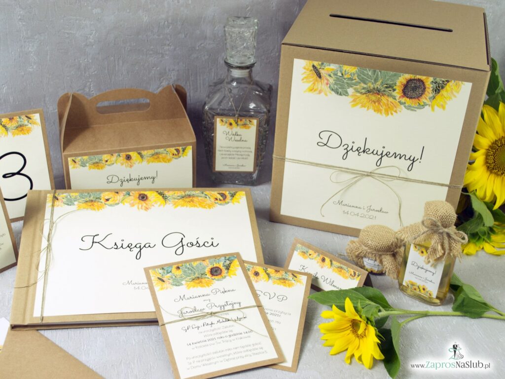 Zaproszenia ślubne, winietki, zawieszki, pudełka na koperty słoneczniki ZAP-133