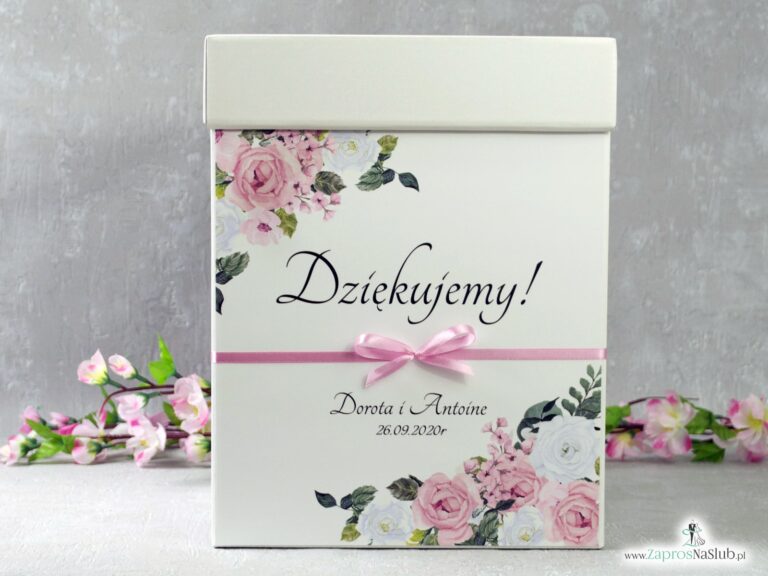 Pudełko na koperty z różowymi i białymi kwiatami PNK-41-12 - ZaprosNaSlub