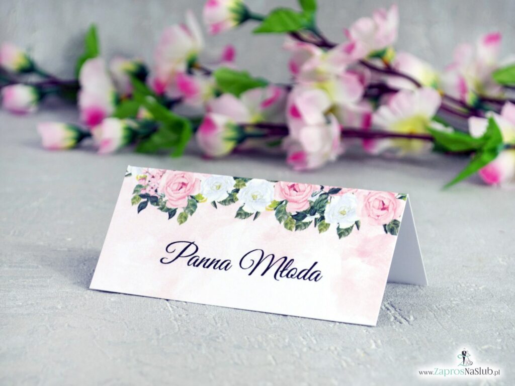 Winietka na stół z różowo białymi kwiatami i delikatnym różowym tłem WIN-41-12