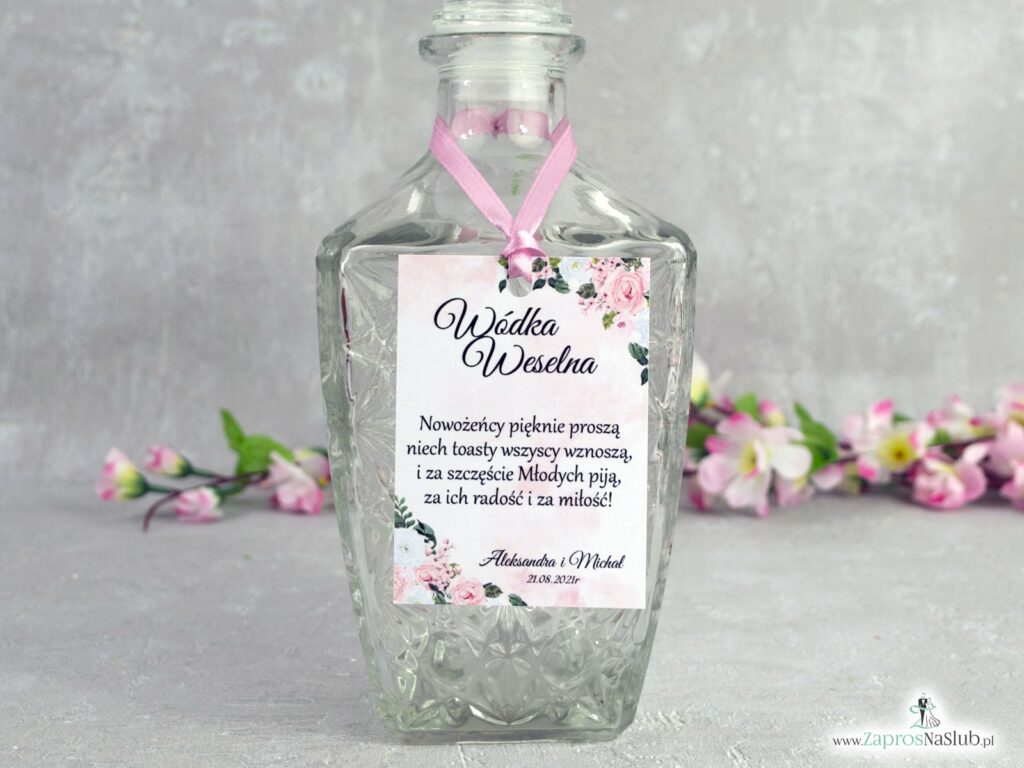Zawieszka na butelkę z różowo białymi kwiatami i delikatnym tłem ZAW-41-12