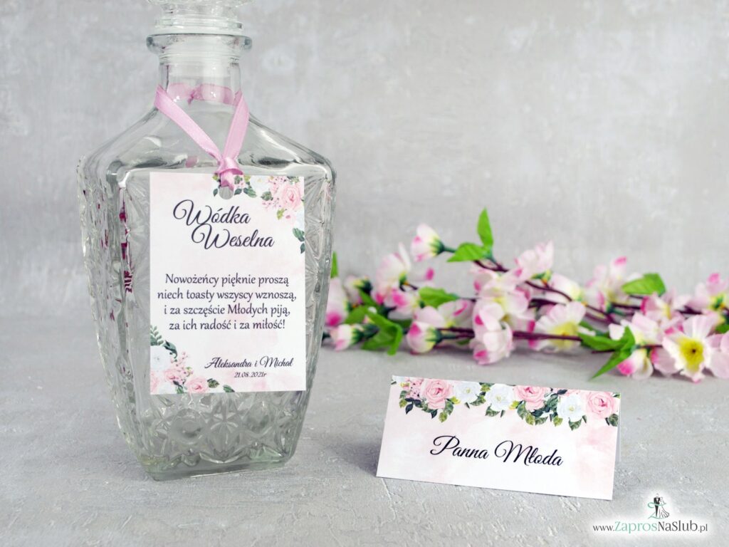 Zawieszka na wódkę winietka na stół z różowo białymi kwiatami ZAW-41-12 WIN-41-12
