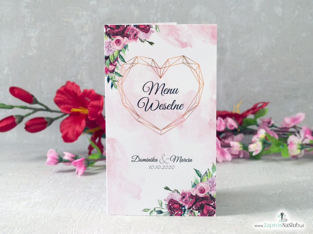 Menu weselne z kwiatami piwonii i geometrycznym sercem MEN-41-08-min