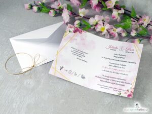 Zaproszenia ze złotymi liniami i różowymi kwiatami ZAP-131