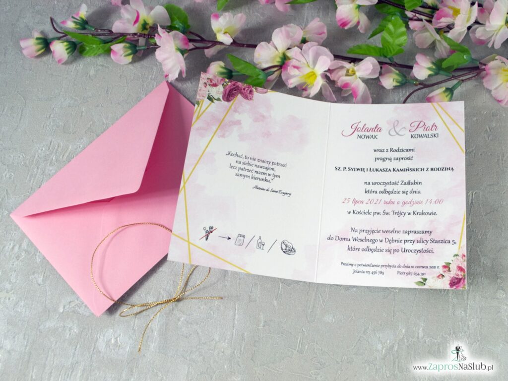 Ślubne zaproszenia z kwiatami i złotymi liniami ZAP-131