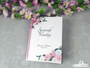 Śpiewnik weselny z różowymi i białymi kwiatami SPW-41-12
