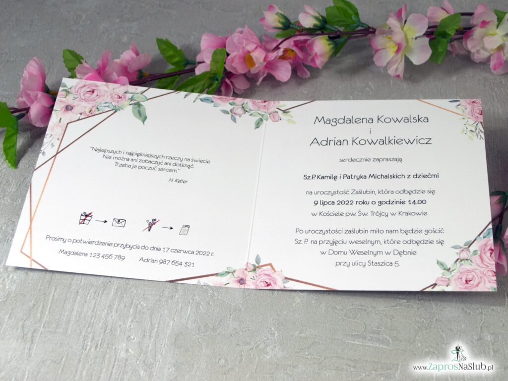 Zaproszenia ślubne z geometrycznymi liniami i różowymi kwiatami. ZAP-132