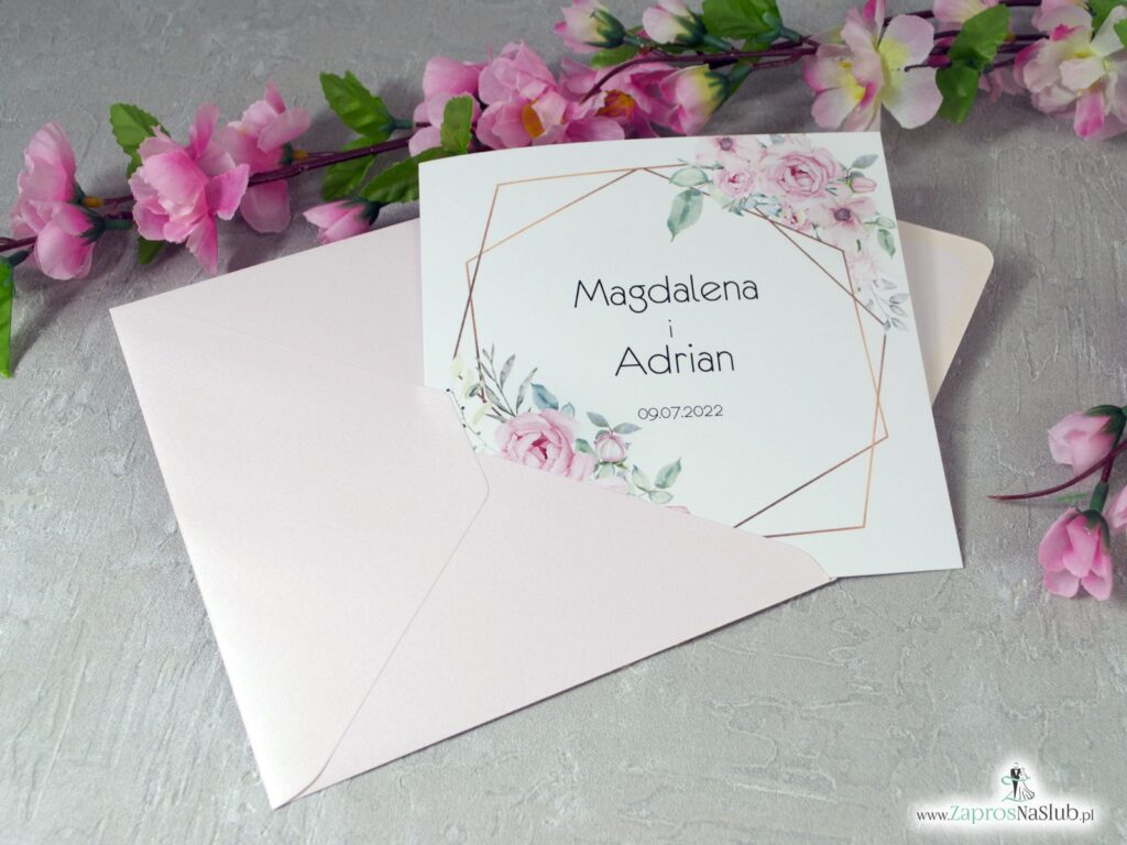 Zaproszenia ślubne z geometrycznymi liniami i różowymi kwiatami. ZAP-132