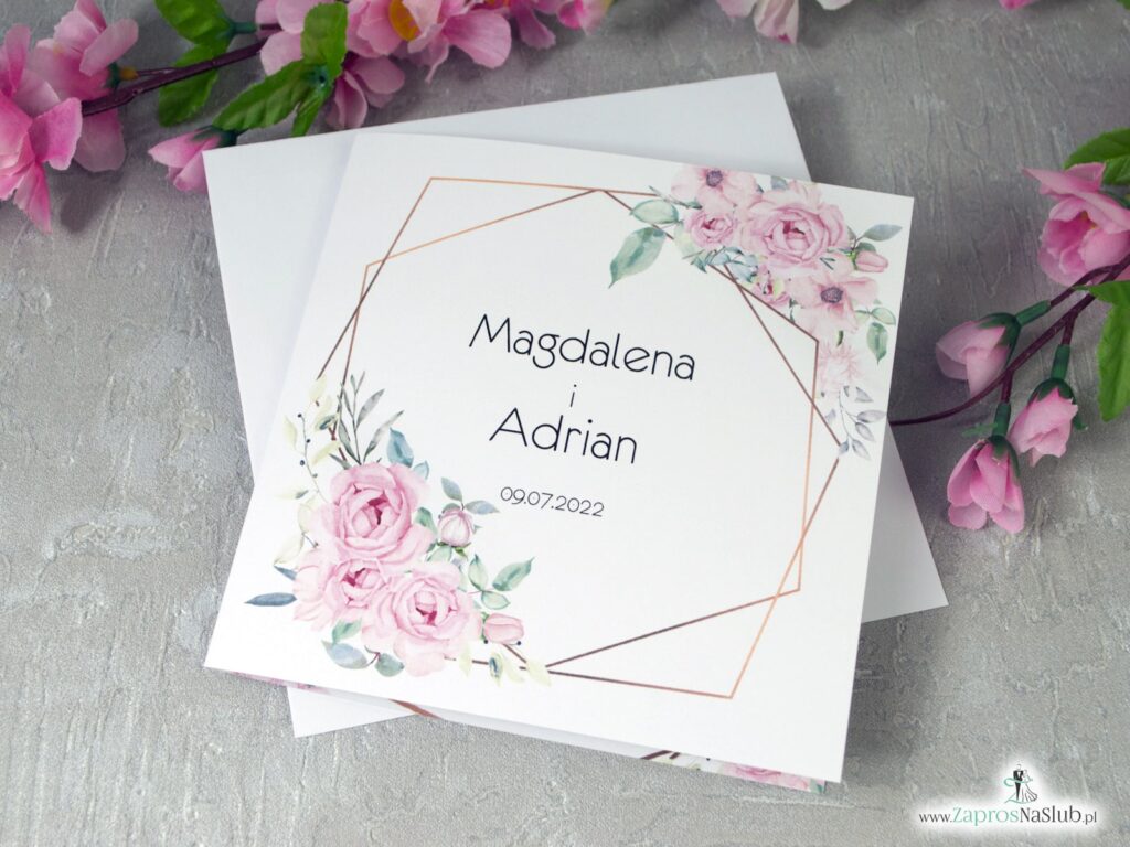 Zaproszenia ślubne z geometrycznymi liniami i różowymi kwiatami. ZAP-132