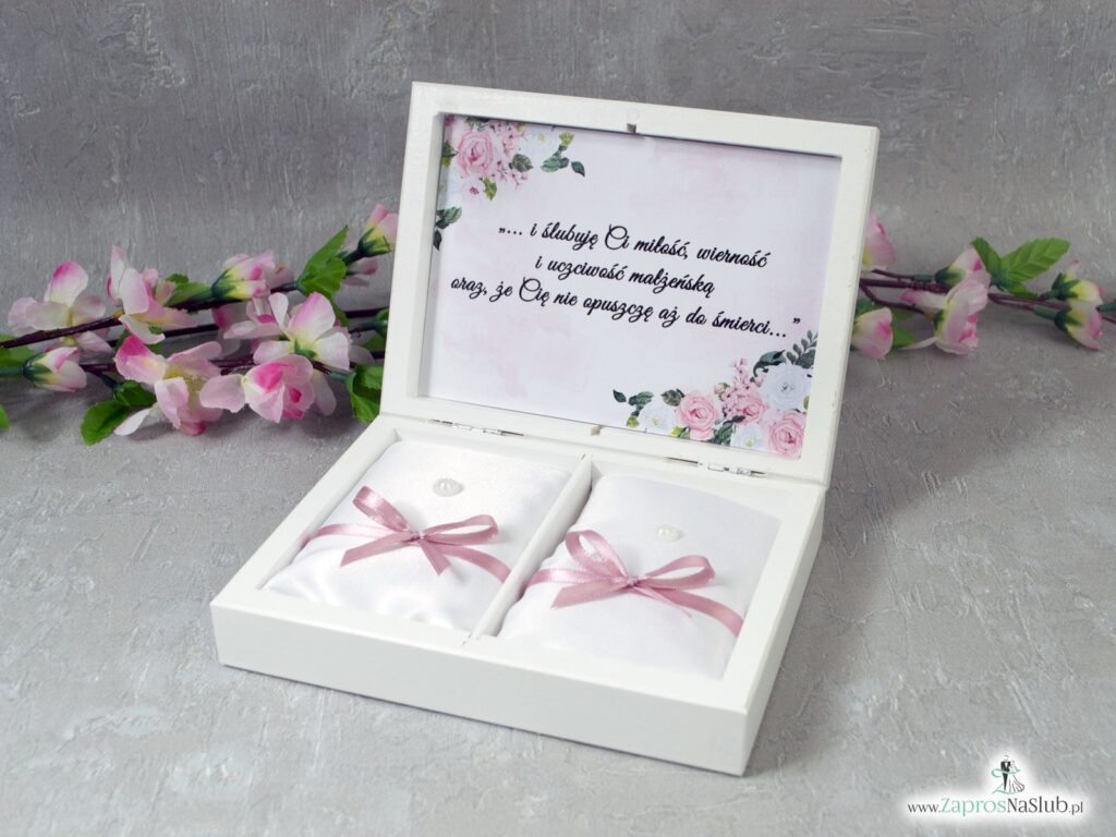 Pudełko na obrączki, białe i różowe róże, geometryczne serce PNO-41-12
