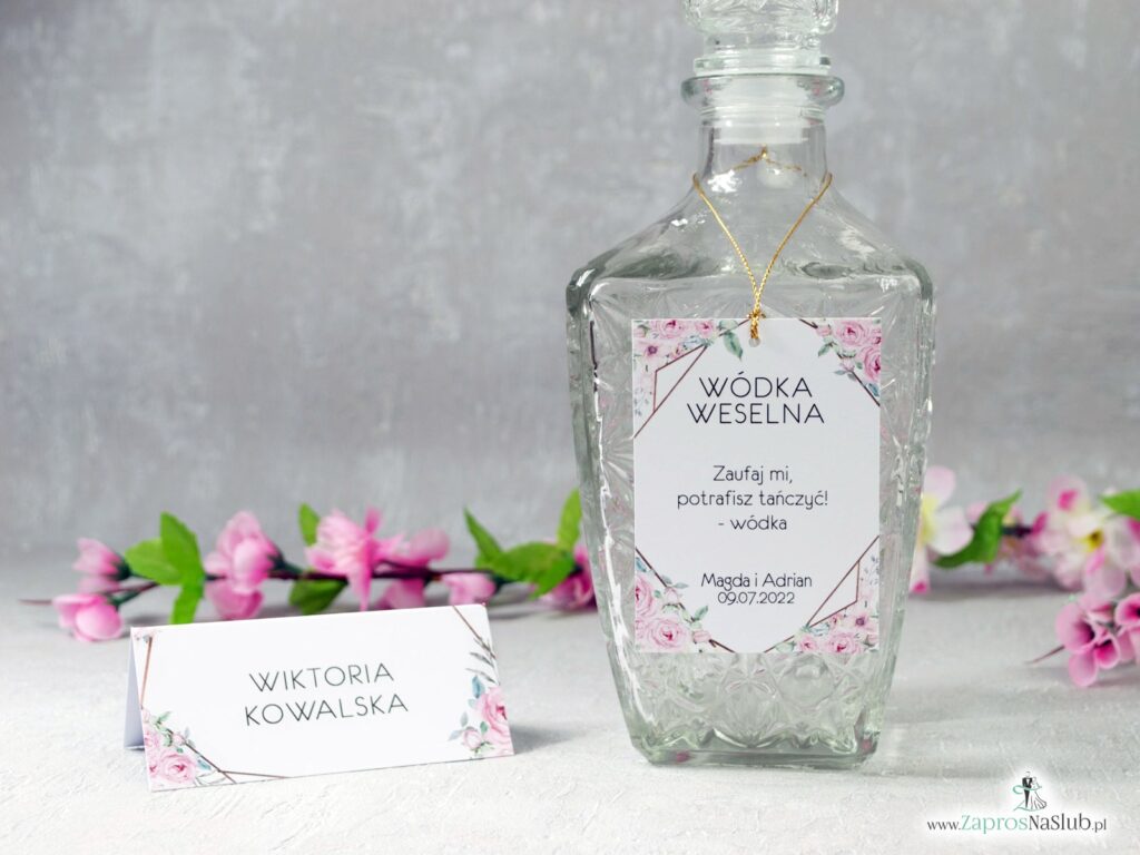 Zaproszenia ślubne z geometrycznymi liniami i różowymi kwiatami. ZAP-132