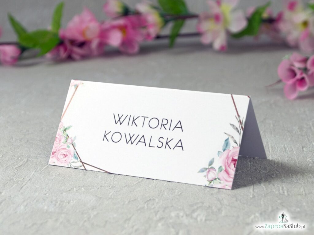 Winietki na stół z geometrycznymi liniami i różowymi kwiatami WIN-132