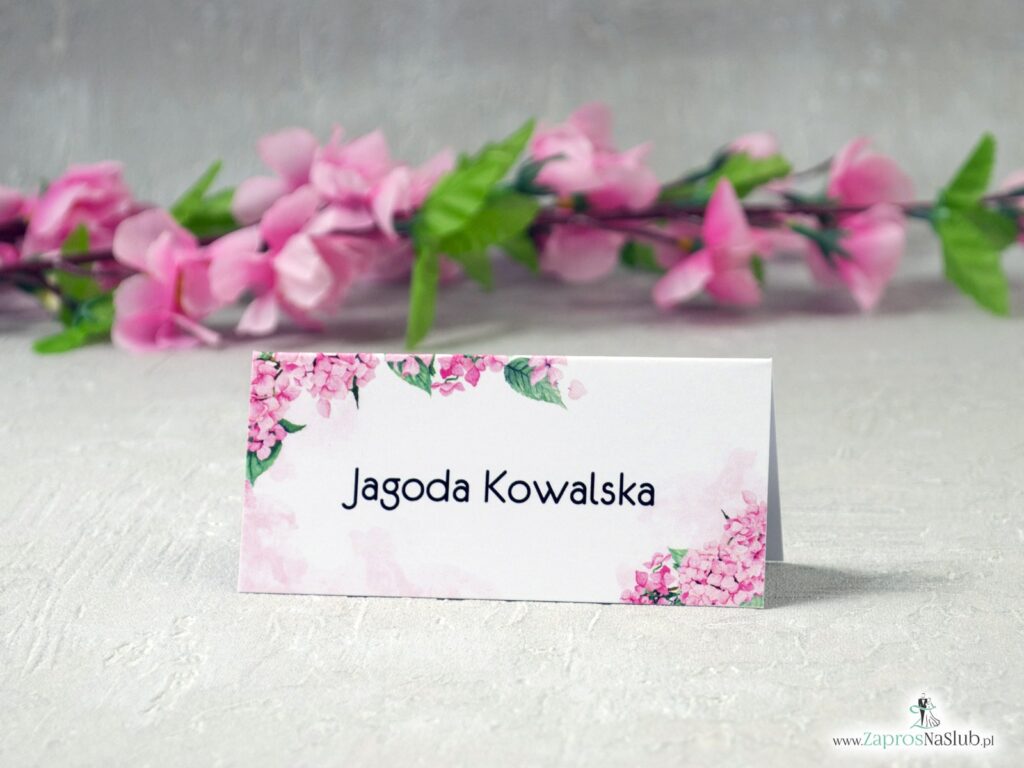 Winietki na stół z różowymi kwiatami hortensji WIN-41-25