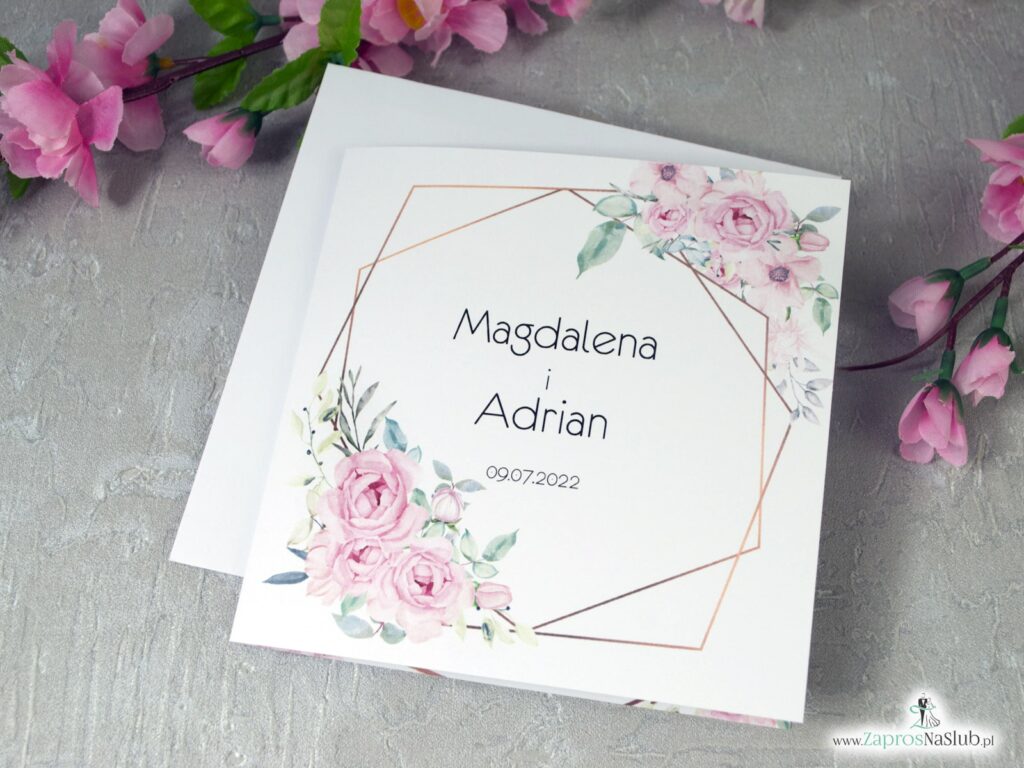 Zaproszenia ślubne z geometrycznymi liniami i różowymi kwiatami. ZAP-132