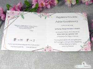Zaproszenia ślubne z geometrycznymi liniami i różowymi kwiatami. ZAP-132