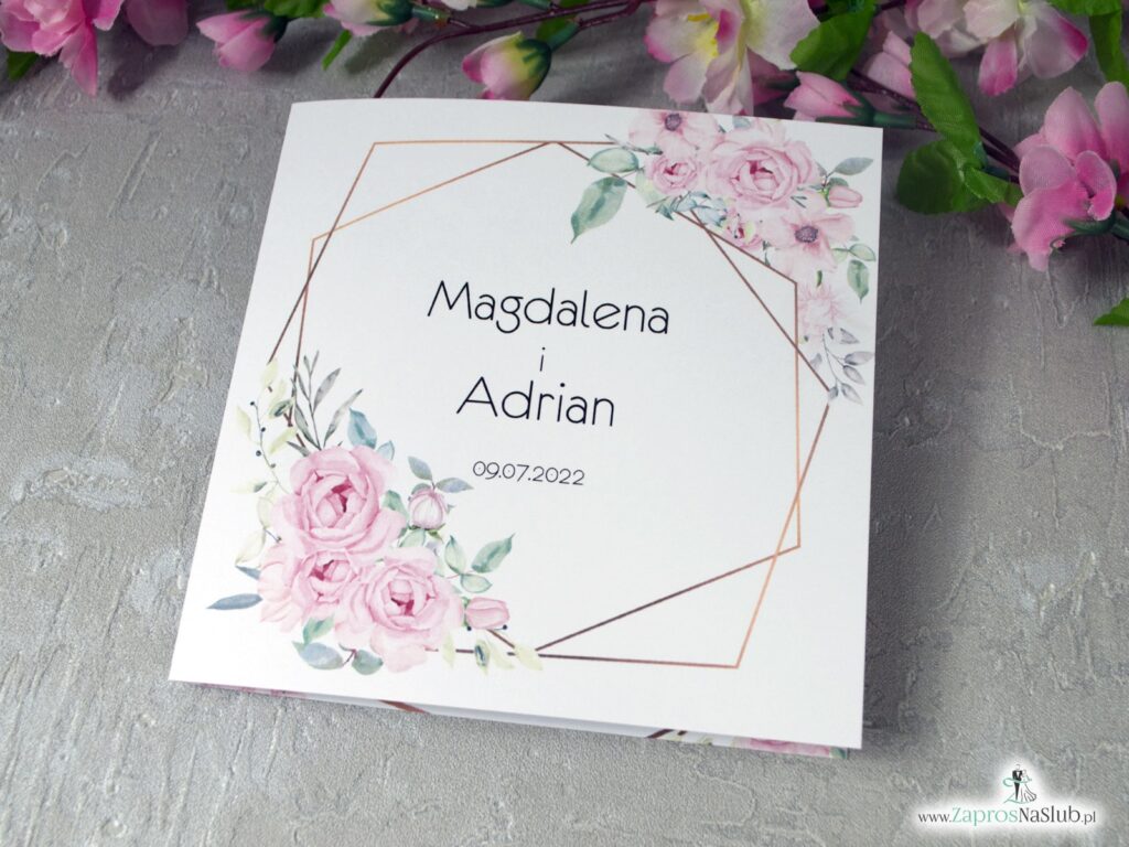 Zaproszenia ślubne z geometrycznymi liniami i różowymi kwiatami. ZAP-132