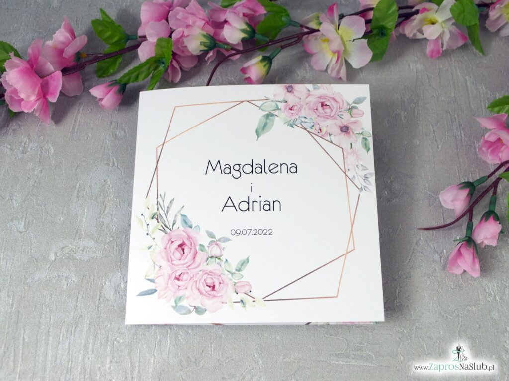 Zaproszenia ślubne z geometrycznymi liniami i różowymi kwiatami. ZAP-132
