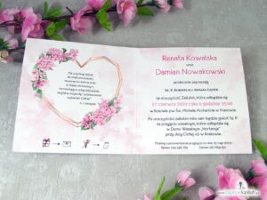 Modne zaproszenia ślubne, różowe hortensje z geometrycznym sercem. ZAP-41-25