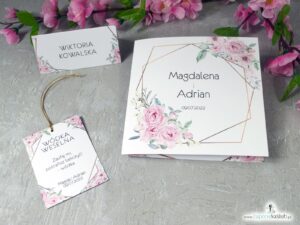 Zaproszenia ślubne z geometrycznymi liniami i różowymi kwiatami. ZAP-132