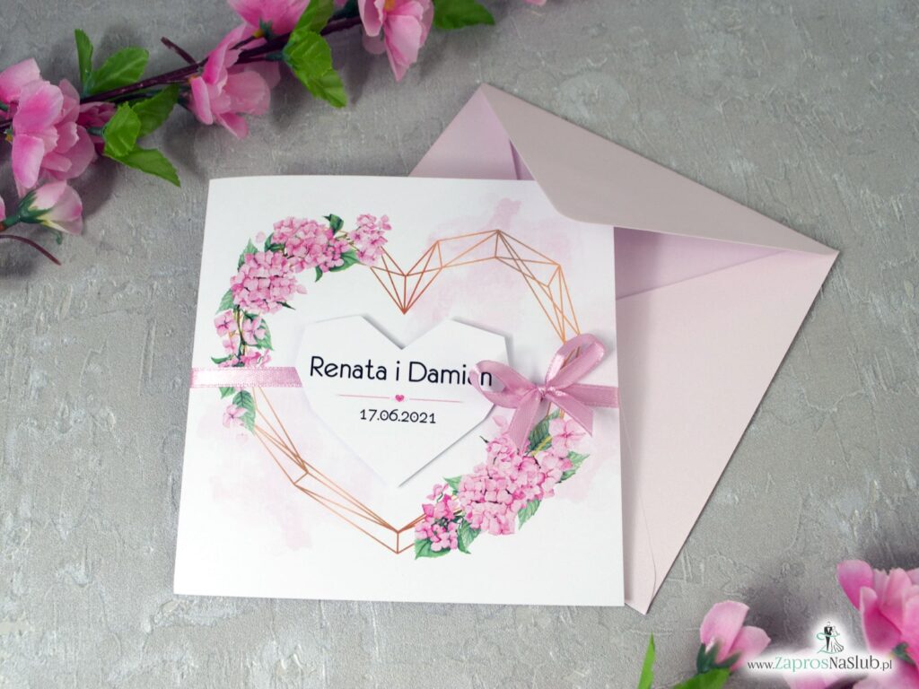 Zaproszenia na ślub z różowymi kwiatami hortensji i geometrycznym sercem ZAP-41-25