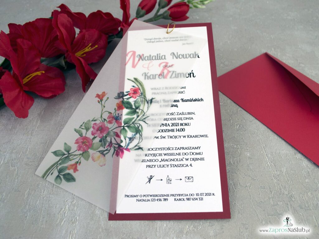 Czerwone zaproszenia ślubne z kalką i kwiatami ZAP-138-3