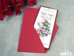 Bordowe zaproszenia ślubne z kalką i czerwonymi kwiatami ZAP-138-3