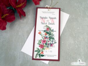 Bordowe zaproszenia ślubne z kalką i czerwonymi kwiatami ZAP-138-3
