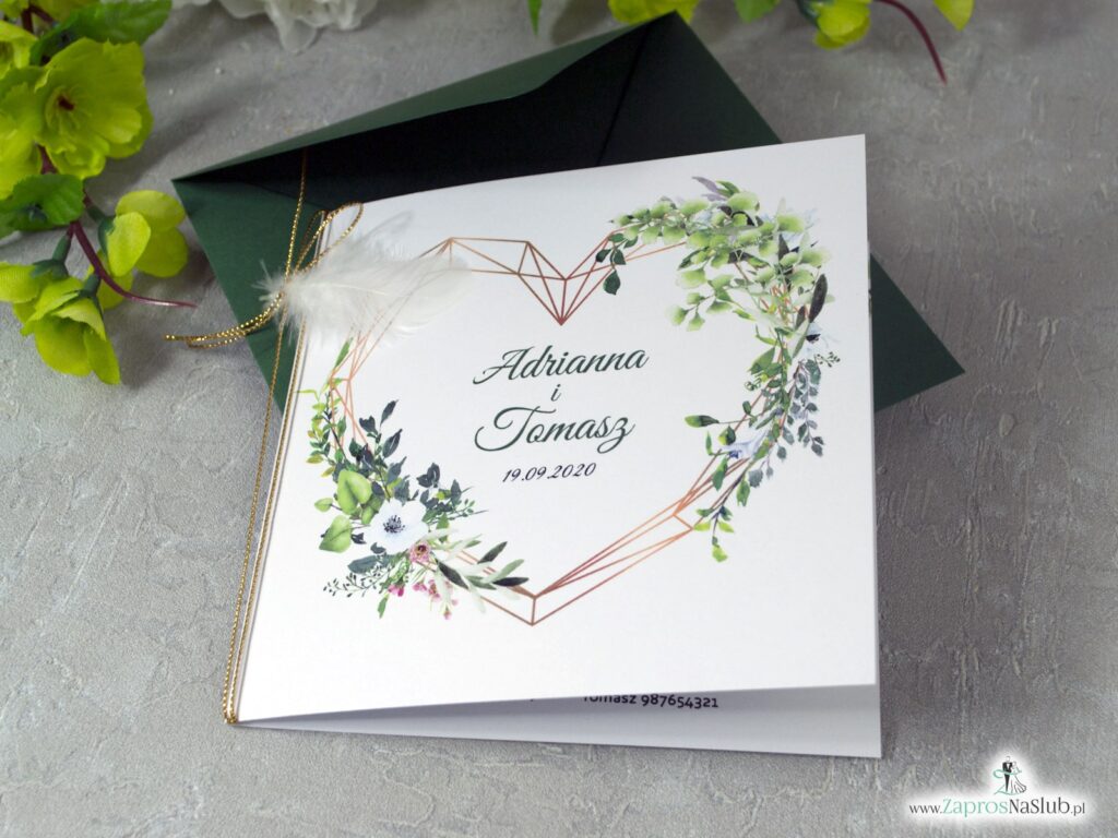 Modne zaproszenia na ślub z zielonymi liśćmi, złotym sercem i piórkiem ZAP-41-26